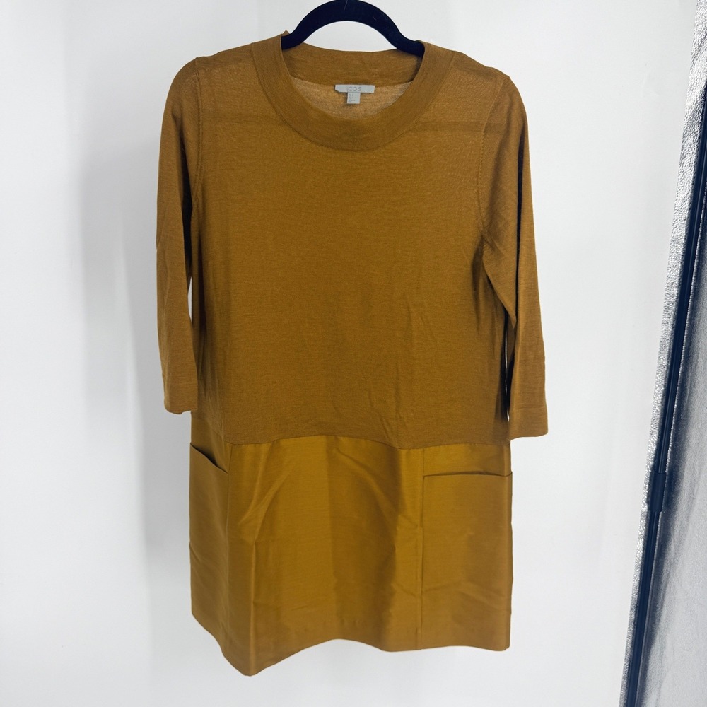 COS Mustard Ochre Wool Silk Blend Mixed Media Shift Dress 3/4 Sleeve Small